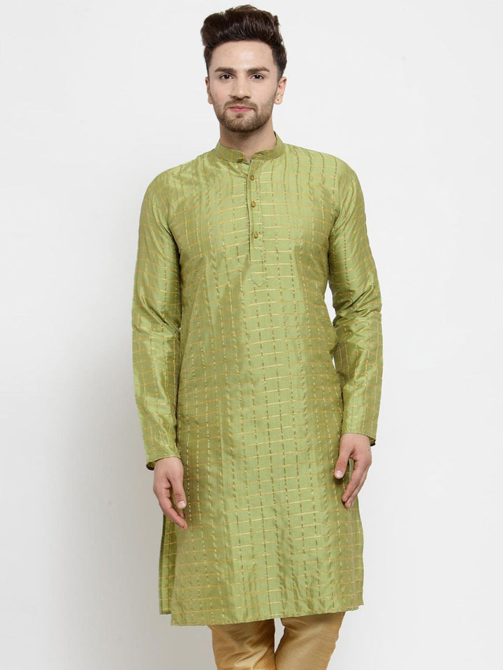 SOJANYA Men Green & Gold-Toned Checked Straight Kurta
