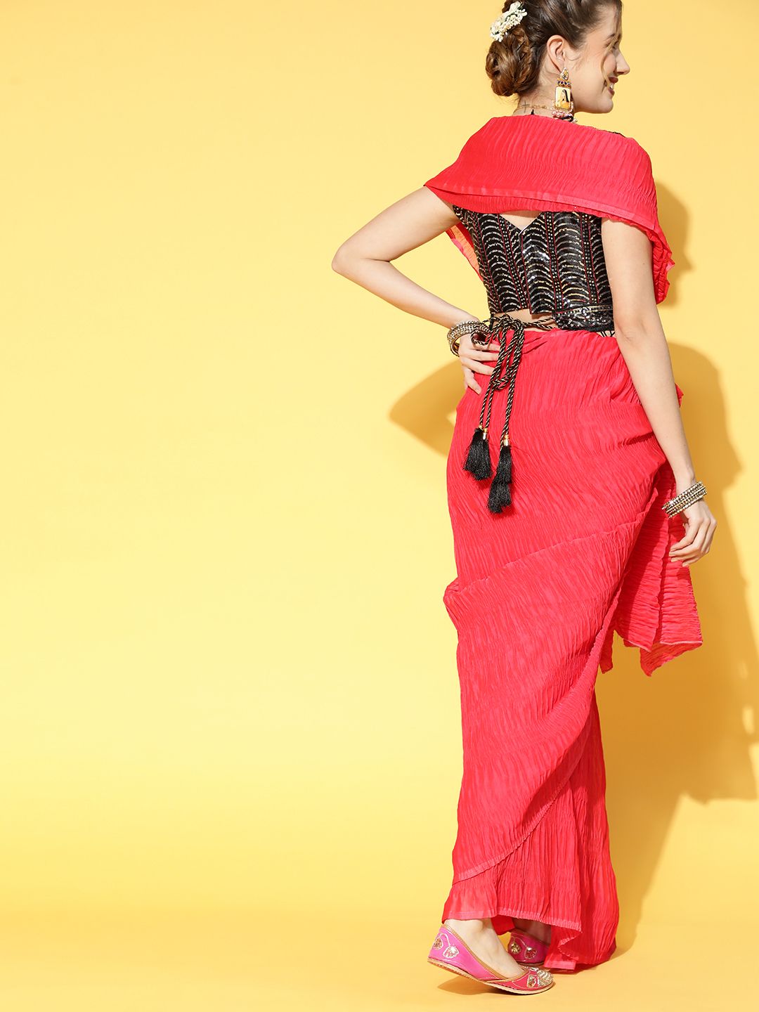 Saree mall Magenta & Black Solid Party Saree with Matching Blouse