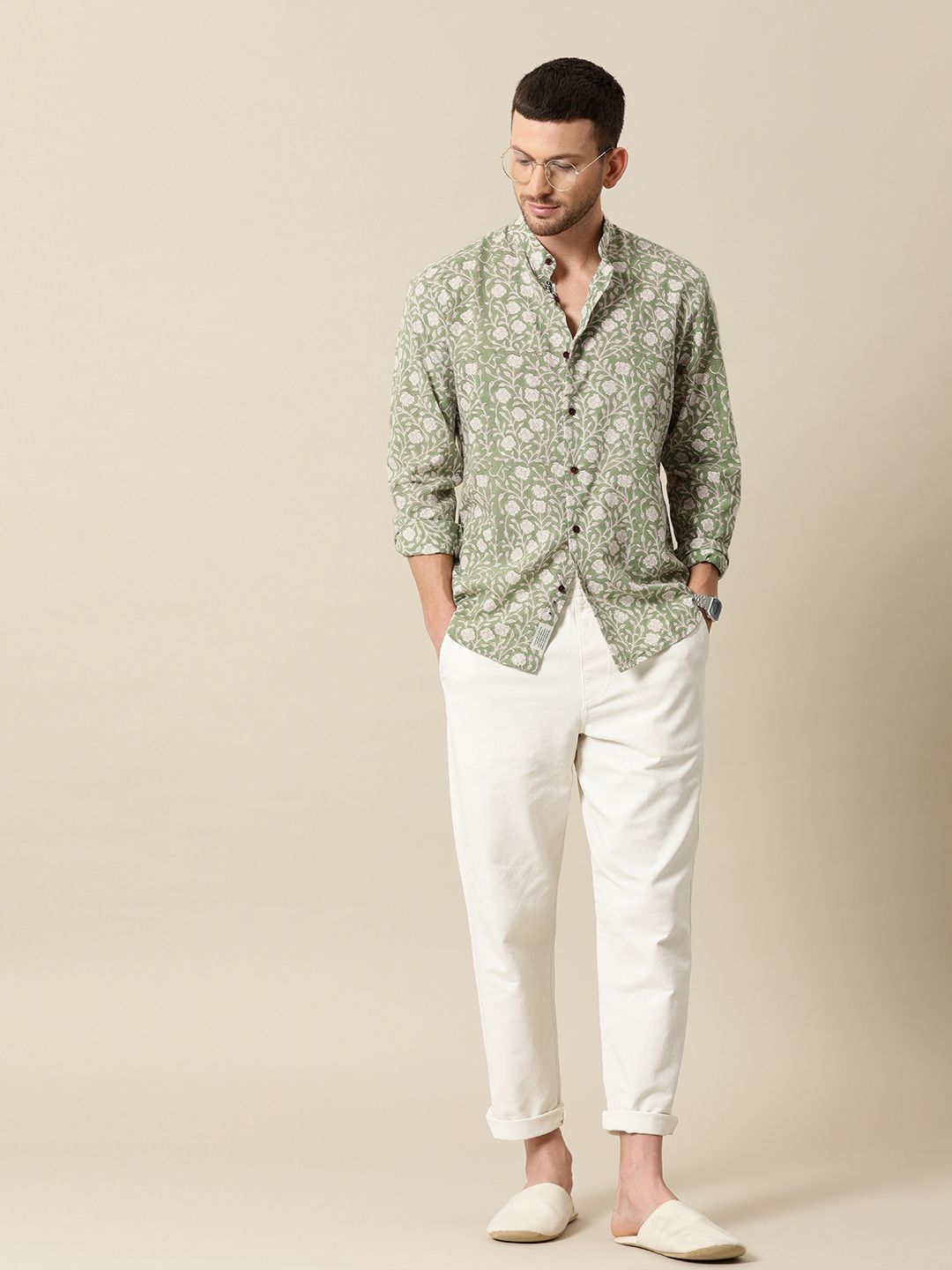 Mr Bowerbird Men Green & White Gul Summer Tailored Fit Casual Shirt