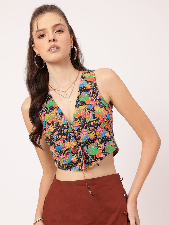 DressBerry Indie Vibes Printed Lace-Up Waistcoat Style Crop Top