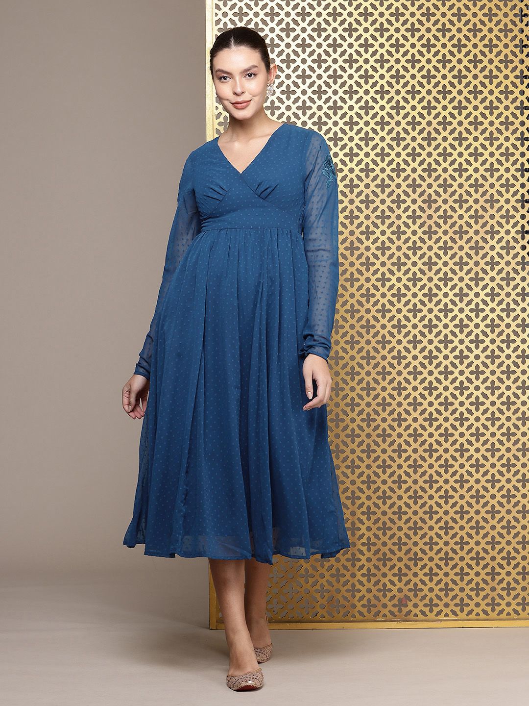 House of Pataudi Jashn Self Designed Embroidered Detail A-Line Midi Dress