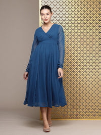 House of Pataudi Jashn Self Designed Embroidered Detail A-Line Midi Dress