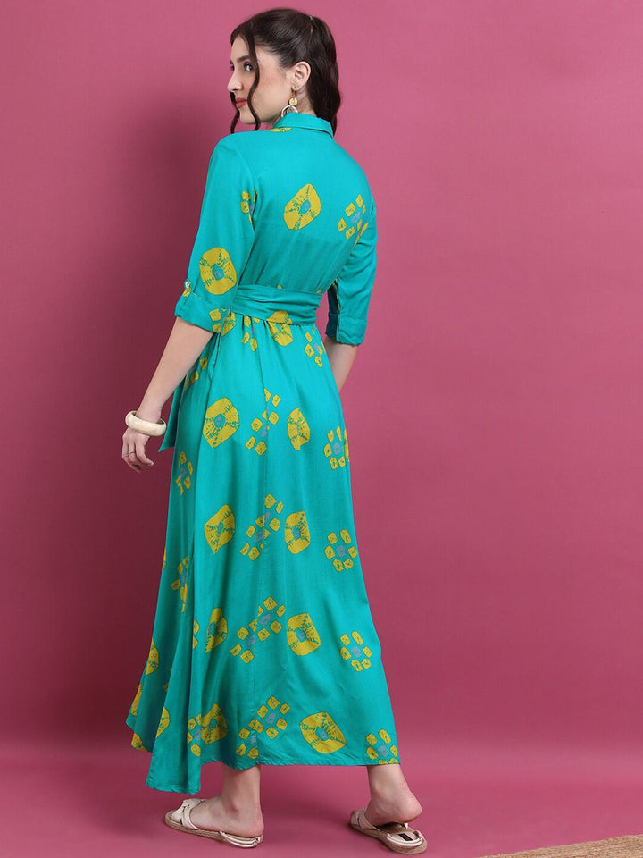 Vishudh Turquoise Blue Geometric Printed Tie Ups Detail Shirt Style Dress