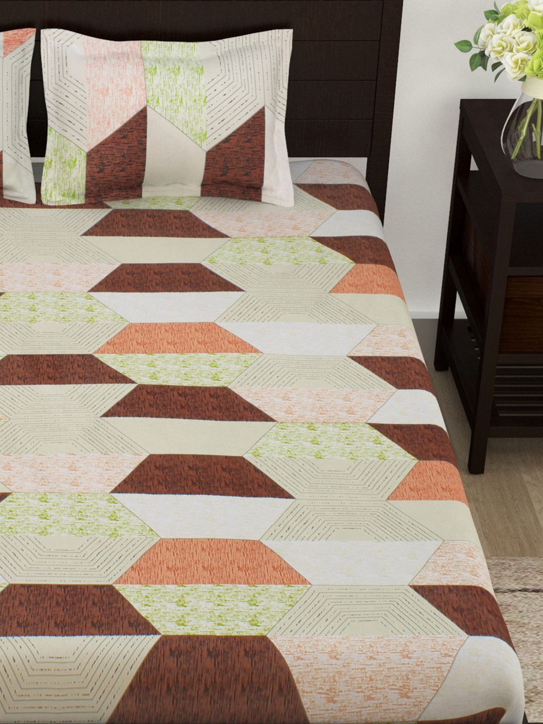Story@home Brown Geometric Flat 144 TC Cotton 1 Double Bedsheet with 2 Pillow Covers