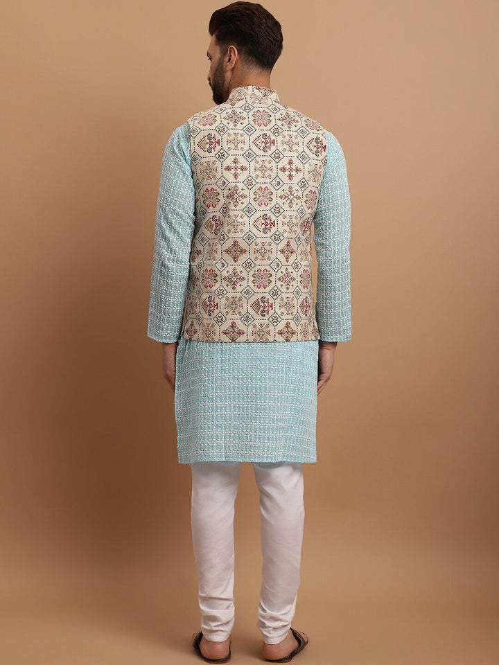 SOJANYA Men Blue Ethnic Motifs Embroidered Regular Thread Work Pure Cotton Kurta with Pyjamas