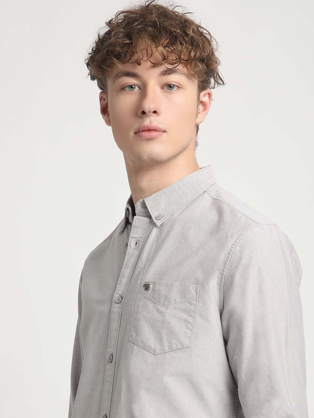 THE BEAR HOUSE Slim Fit Button Down Collar Chest Pocket Pure Cotton Casual Shirt