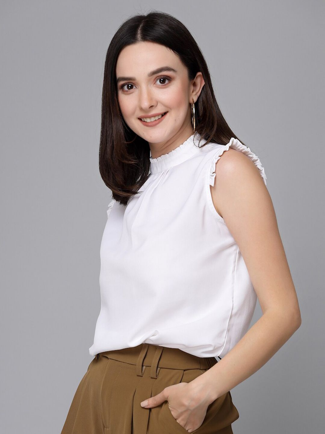 Style Quotient White Mock Neck Ruffled Crepe Top