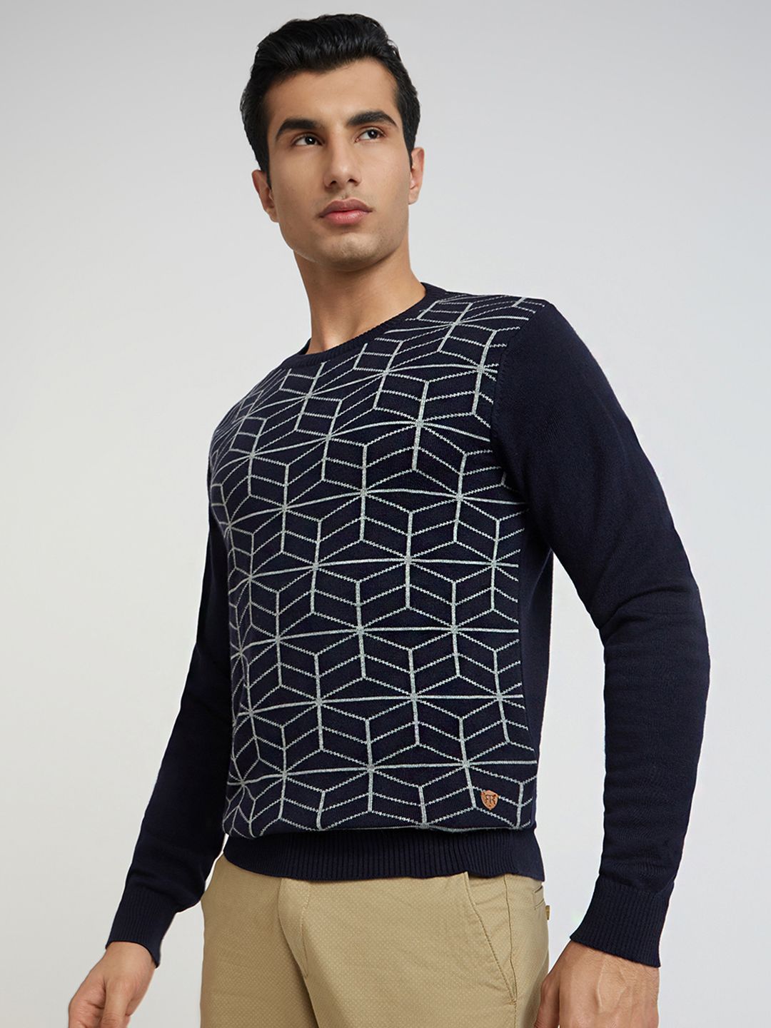Raymond Men Navy Blue & Grey Geometric Woolen Pullover