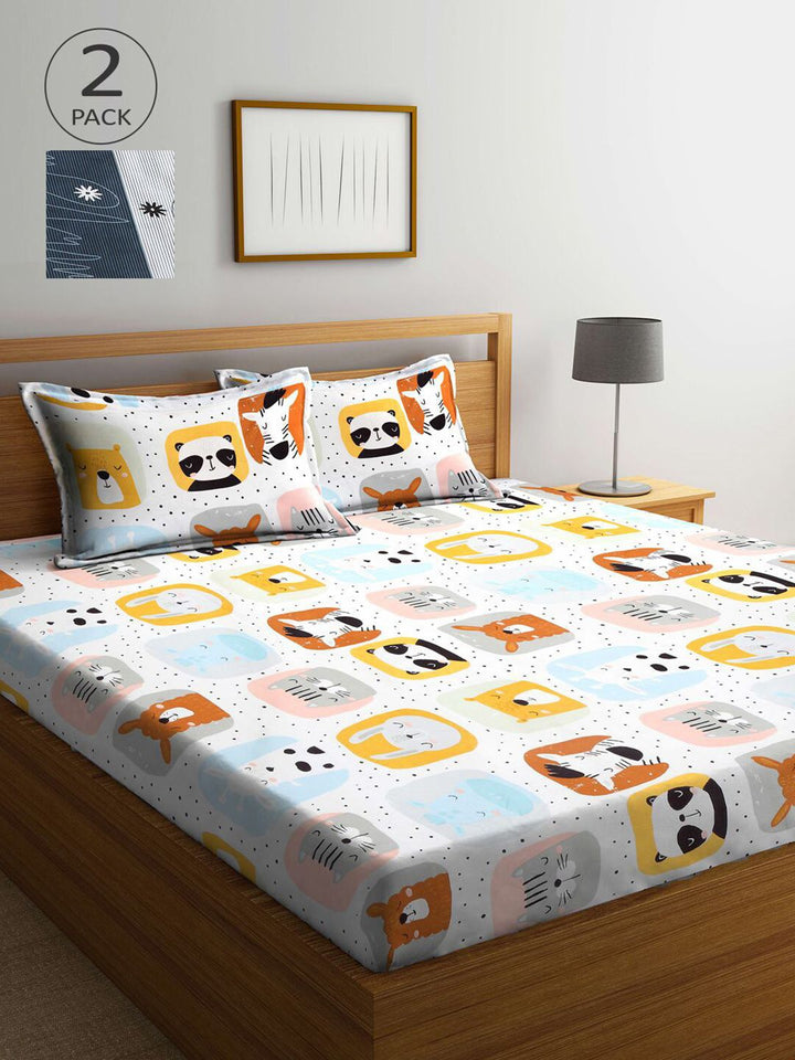 KLOTTHE Grey Conversational Cotton 300 TC King Fine 2 Bedsheet with 4 Pillow Covers-250 x 220 cm