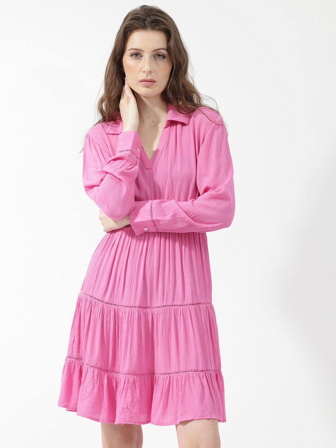 RAREISM Shirt Collar Tiered A-Line Dress