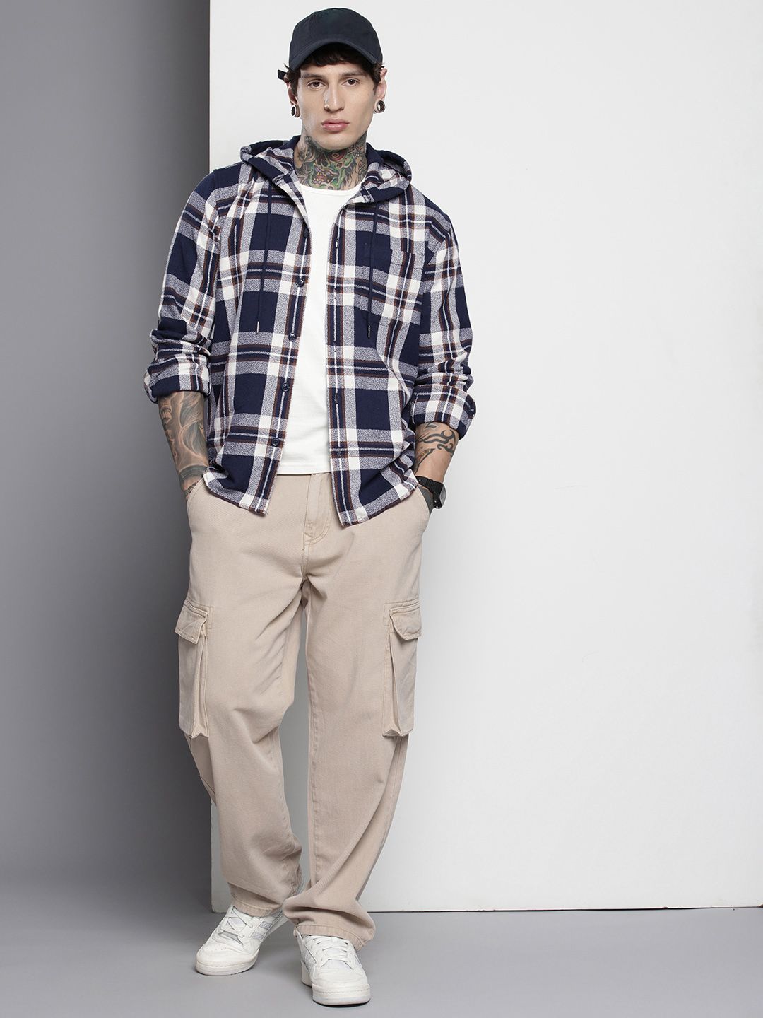 The Indian Garage Co Men Regular Fit Checked Casual Hooded Overshirt