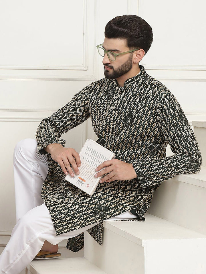 SOJANYA Kolar Mandarin Sulam Bunga Pure Cotton Kurta Lurus
