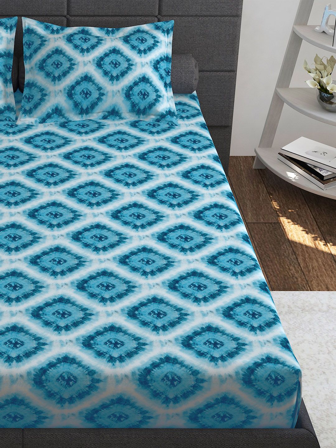 Story@home Blue Pink Ethnic Motifs Pure Cotton 152TC Queen Bedsheet With 2 Pillow Covers