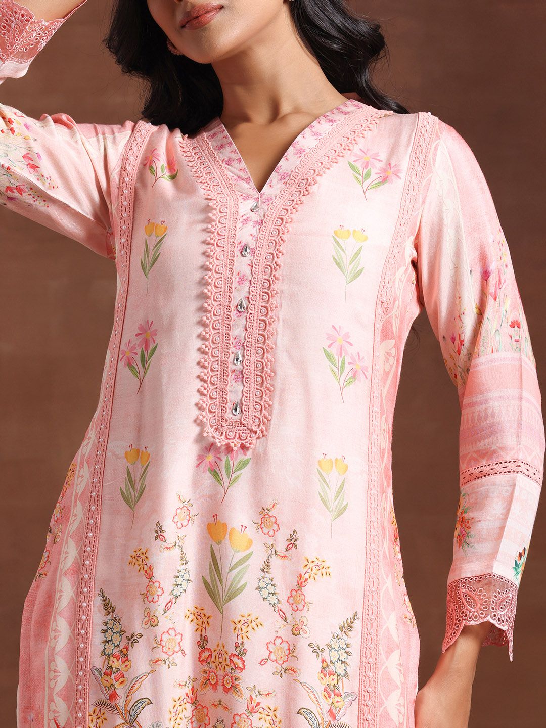 Libas Floral Printed V-Neck Long Sleeves Beads and Stones Kurta Set