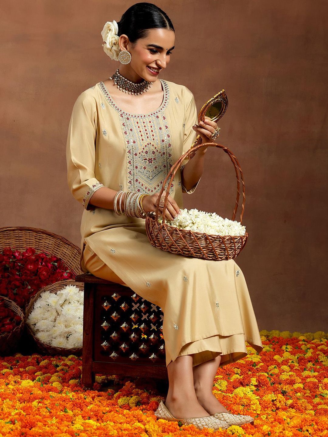 Gerua By Libas Floral Embroidered Regular Thread Work Straight Kurta with Trousers