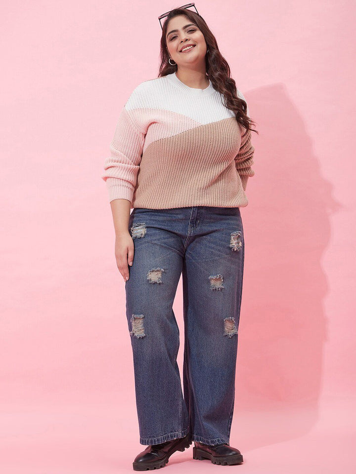 CURVY STREET Women Plus Size Colourblocked Acrylic Pullover Sweater