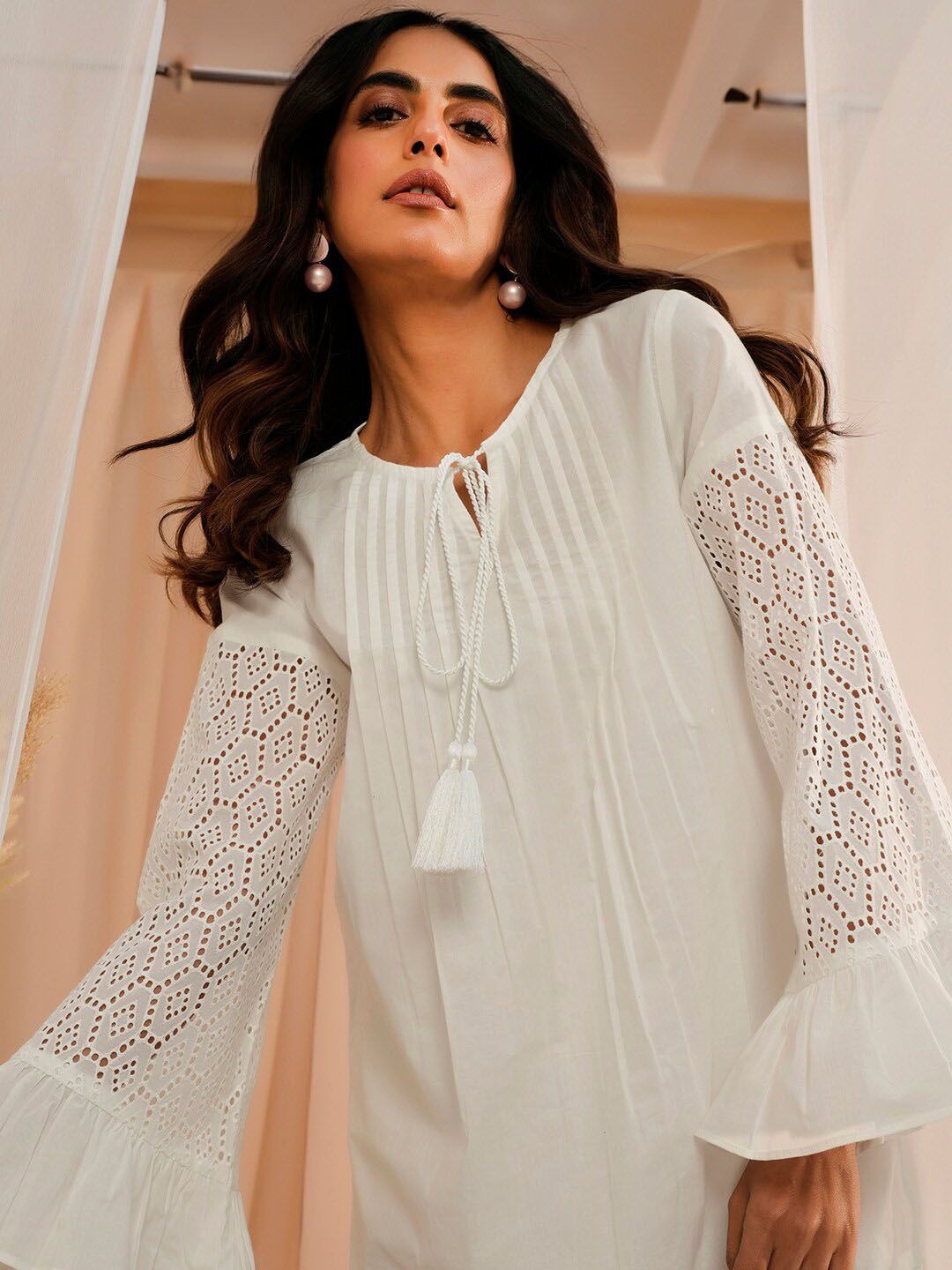 Libas Floral Schiffli Tie Up Neck Pure Cotton Tunic