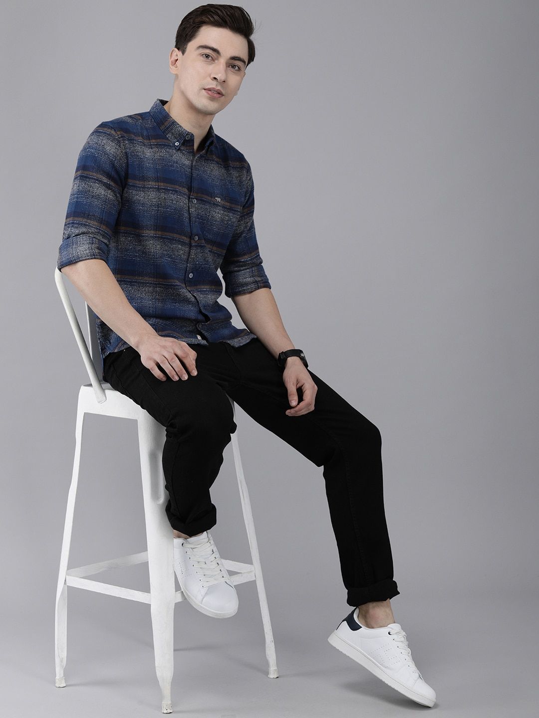 THE BEAR HOUSE Men Navy Blue Slim Fit Tartan Checked Flannel Pure Cotton Casual Shirt