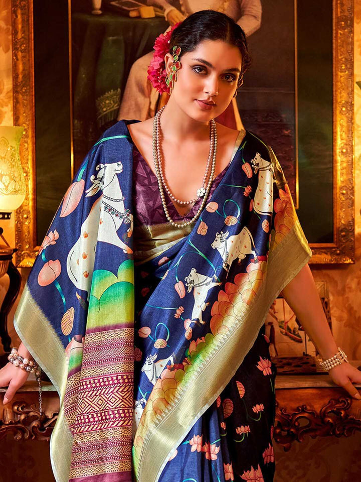 Saree Mall Pichwai Animal Print Zari Sungudi Sarees with Matching Blouse