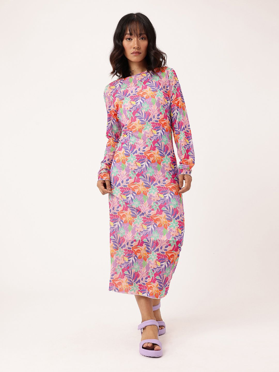 DressBerry Girly Glam Soft Net Floral Printed Sheath Midi Dress Comes With Inner Slip