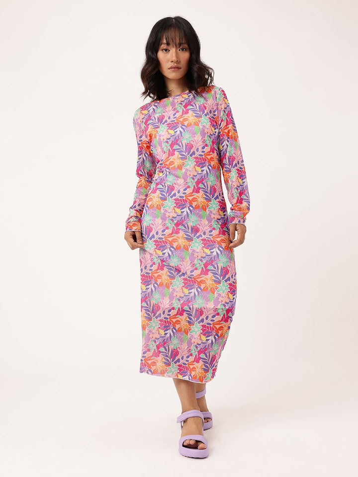 DressBerry Girly Glam Soft Net Floral Printed Sheath Midi Dress Comes With Inner Slip