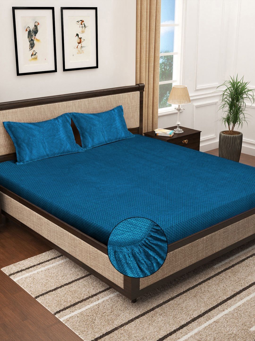 KLOTTHE Blue Fitted 300TC Woolen Fitted Double King Bedsheet & Pillow Covers