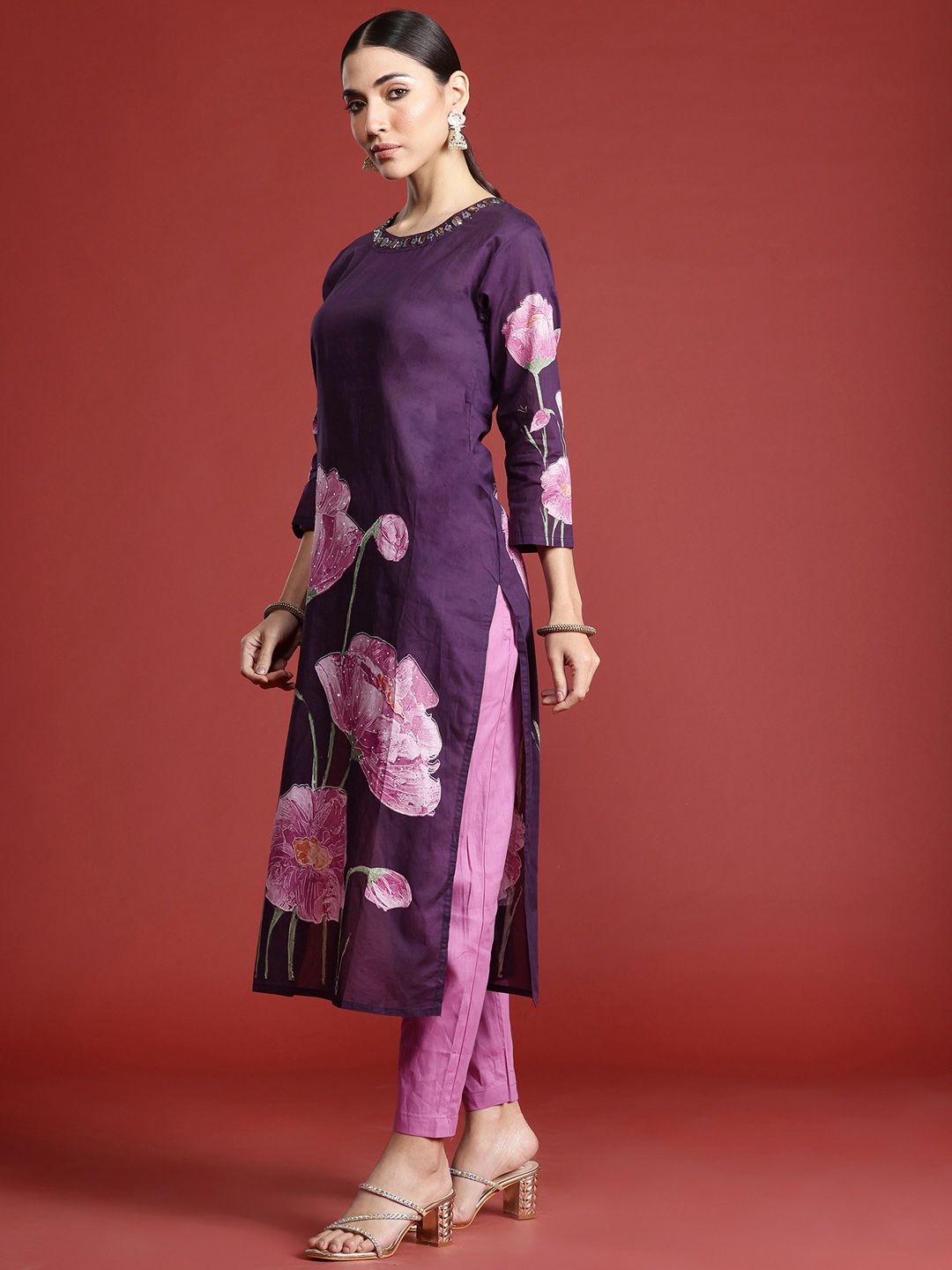 Indo Era Women Floral Printed Pure Cotton Kurta with Trousers & With Dupatta