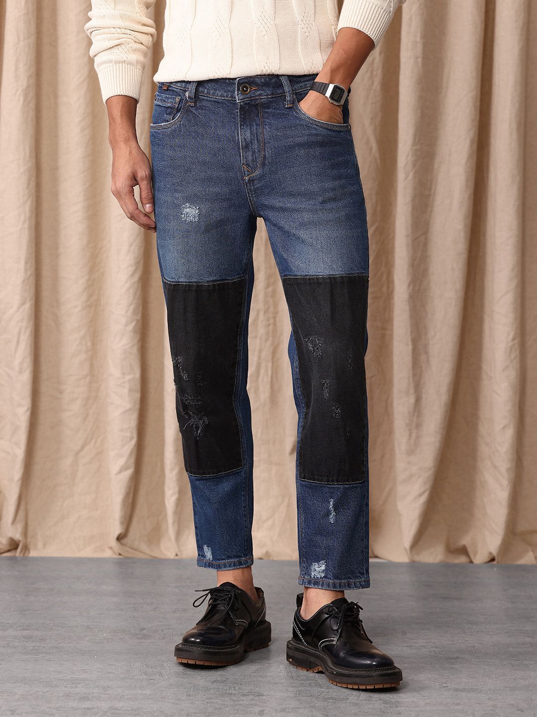 Mr Bowerbird Men Tapered Cropped Mildly Distressed Light Fade Stretchable Jeans