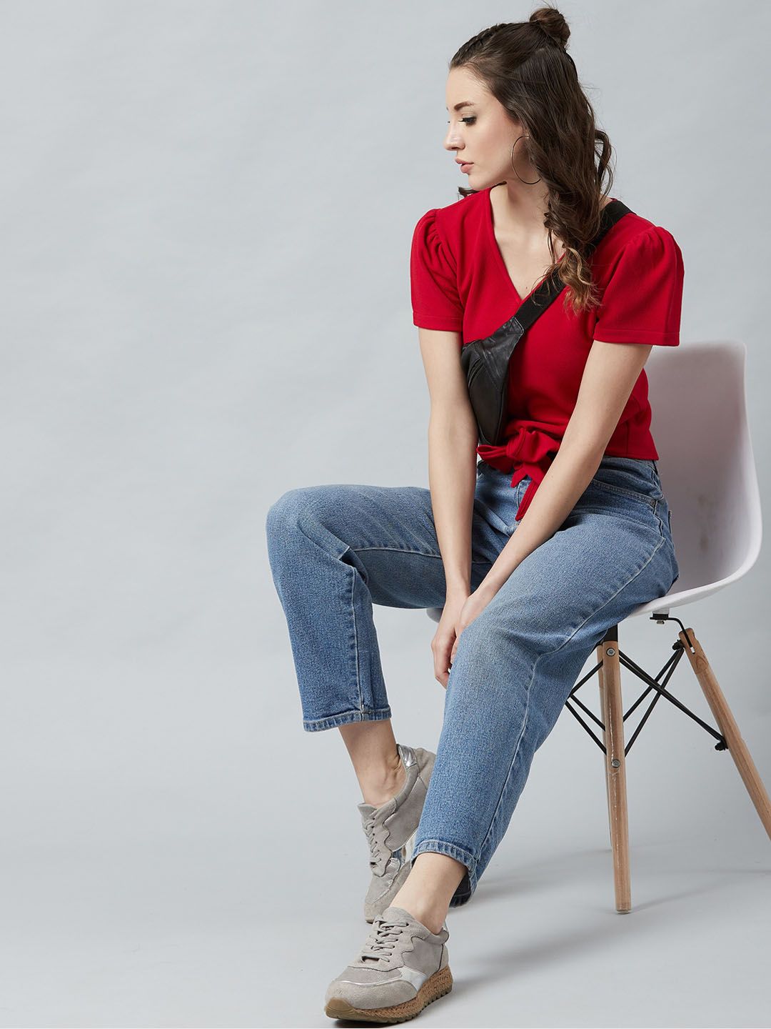 Athena Red Knotted Top With Puff Sleeves