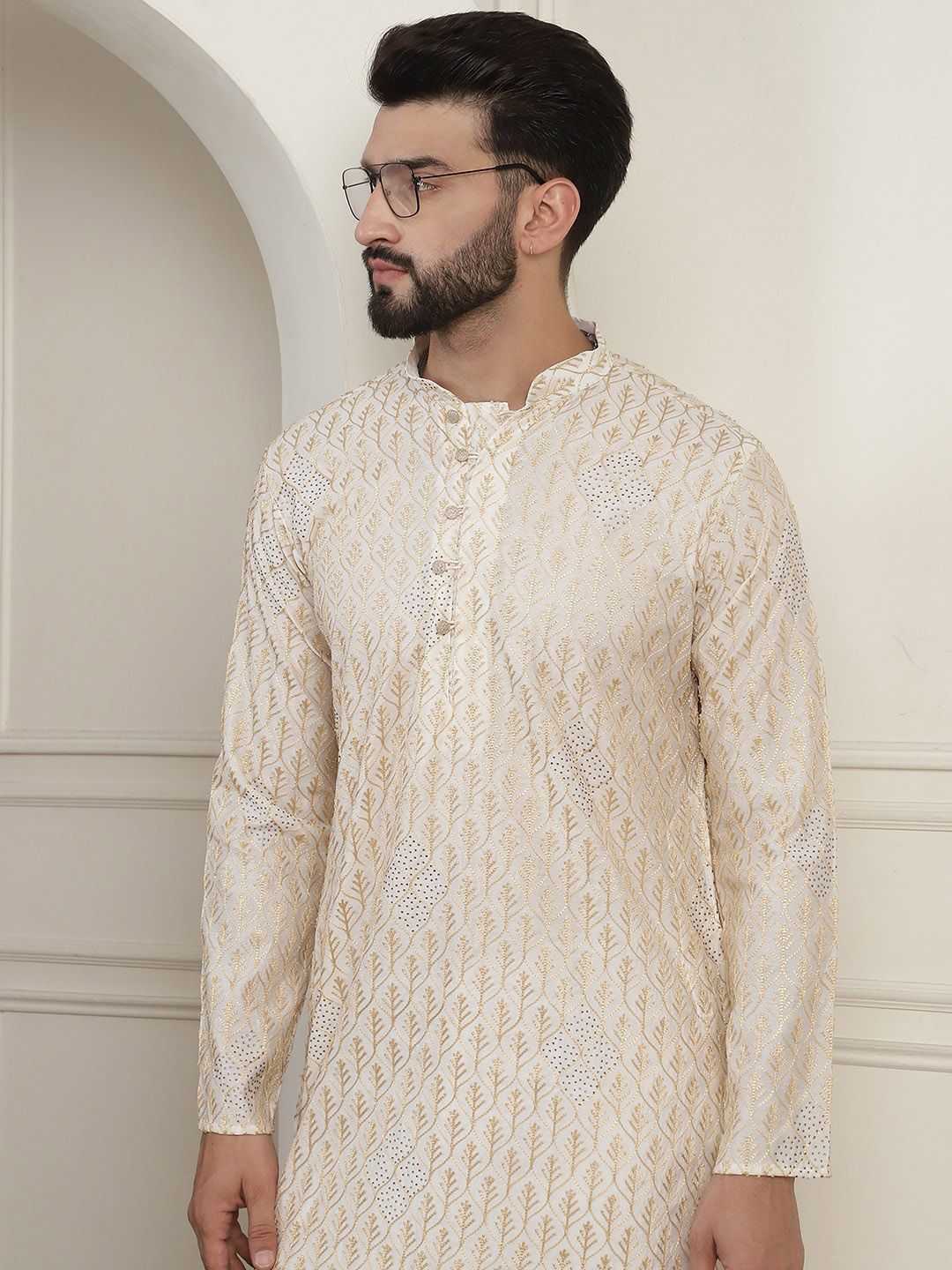 SOJANYA Woven Design Mandarin Collar Pure Cotton Straight Kurta