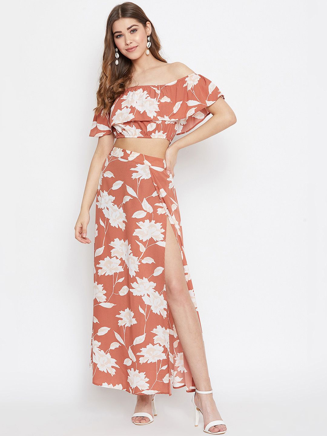Berrylush Brown & White Floral Printed Co-Ords