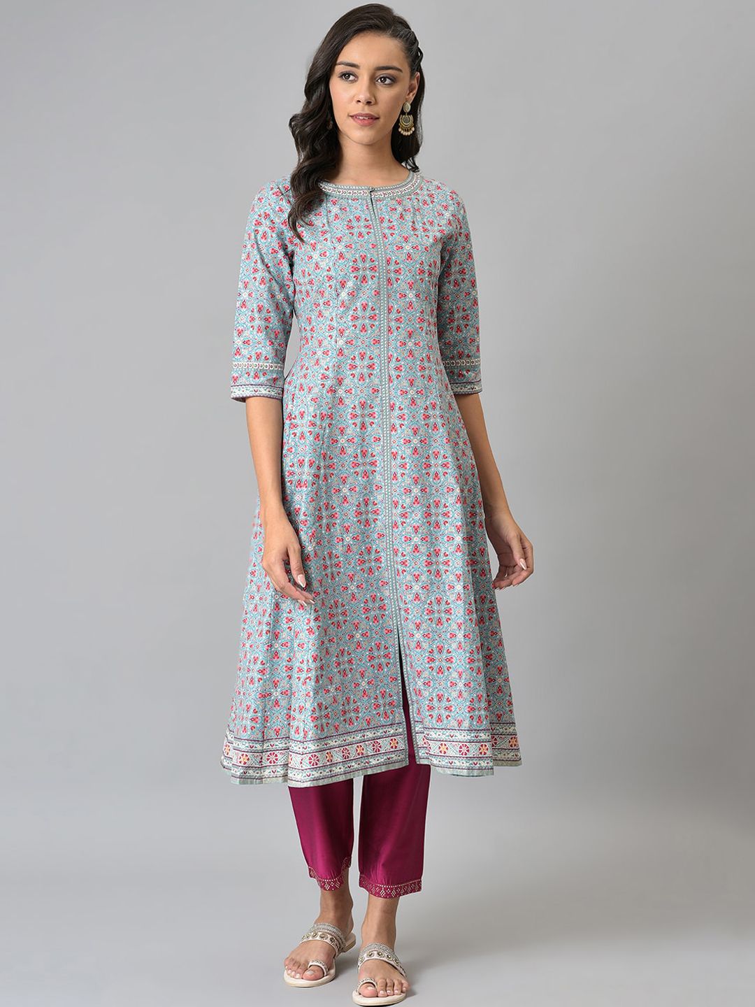W Women Blue & Pink Ethnic Motifs Printed Anarkali Kurta