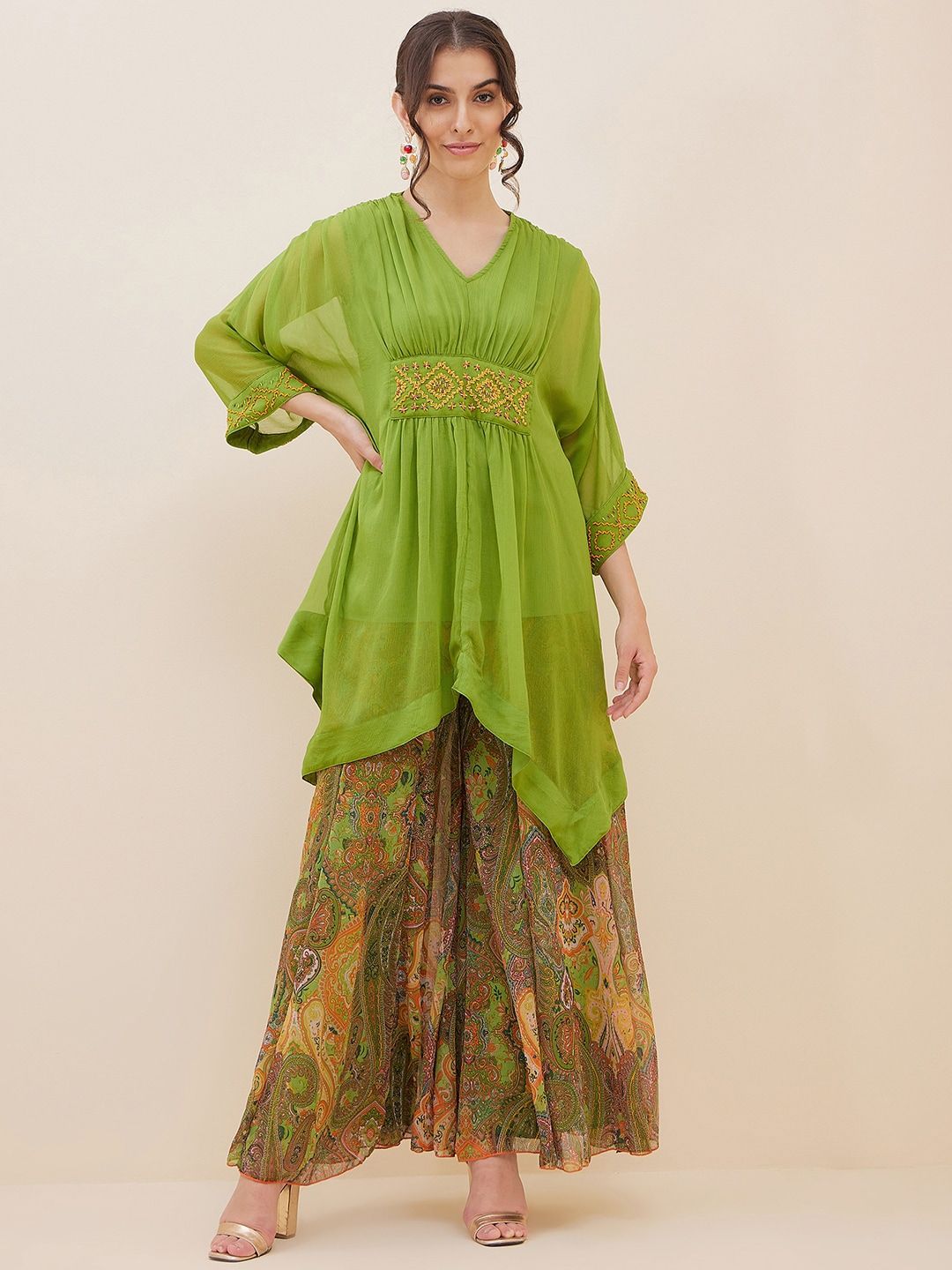 Antheaa Thread Work Kaftan Top With Palazzos