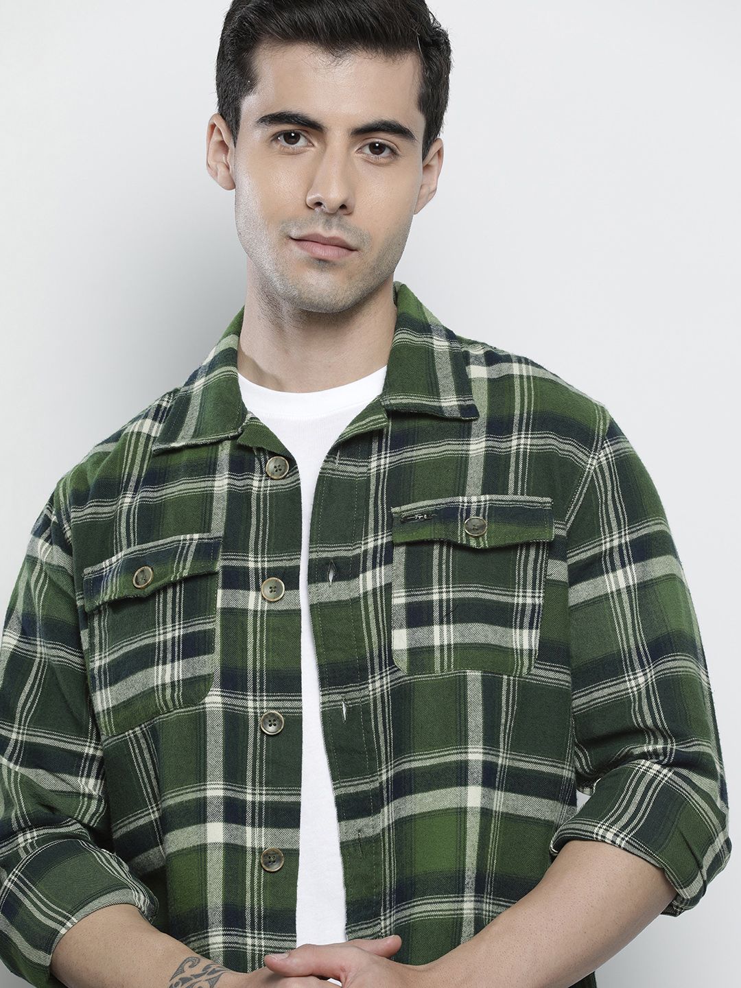 The Indian Garage Co Men Regular Fit Checked Double Flap Pocket Flannel Shirt