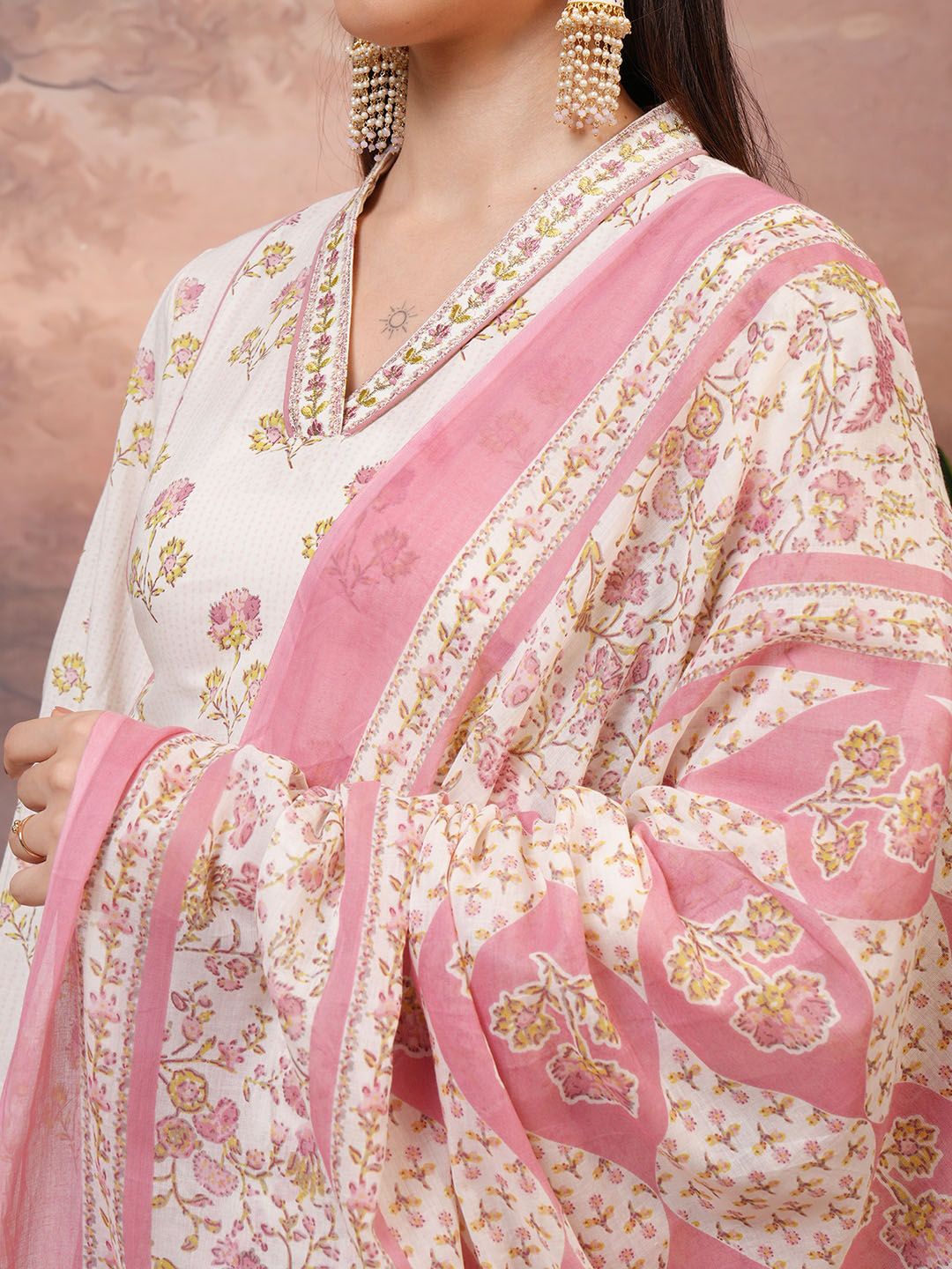 Vishudh Pink Floral Printed Pure Cotton Panelled A-Line Kurta With Salwar & Dupatta