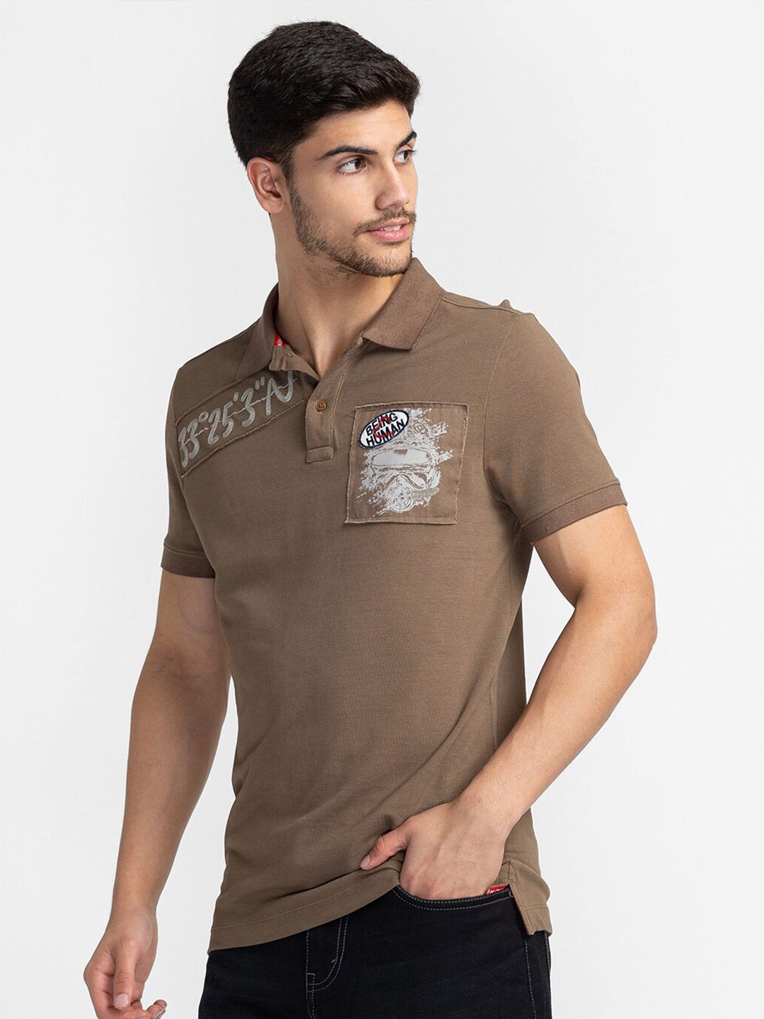 Being Human Typography Printed Applique Polo Collar T-shirt
