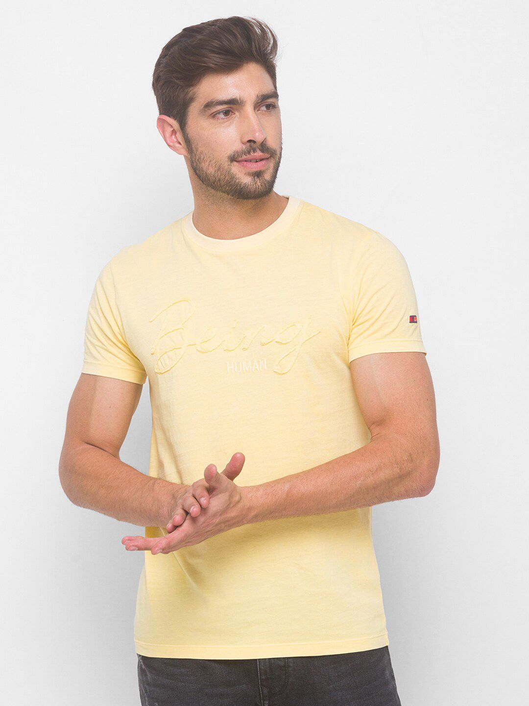 Being Human Men Yellow Brand Logo Applique Pure Cotton T-shirt