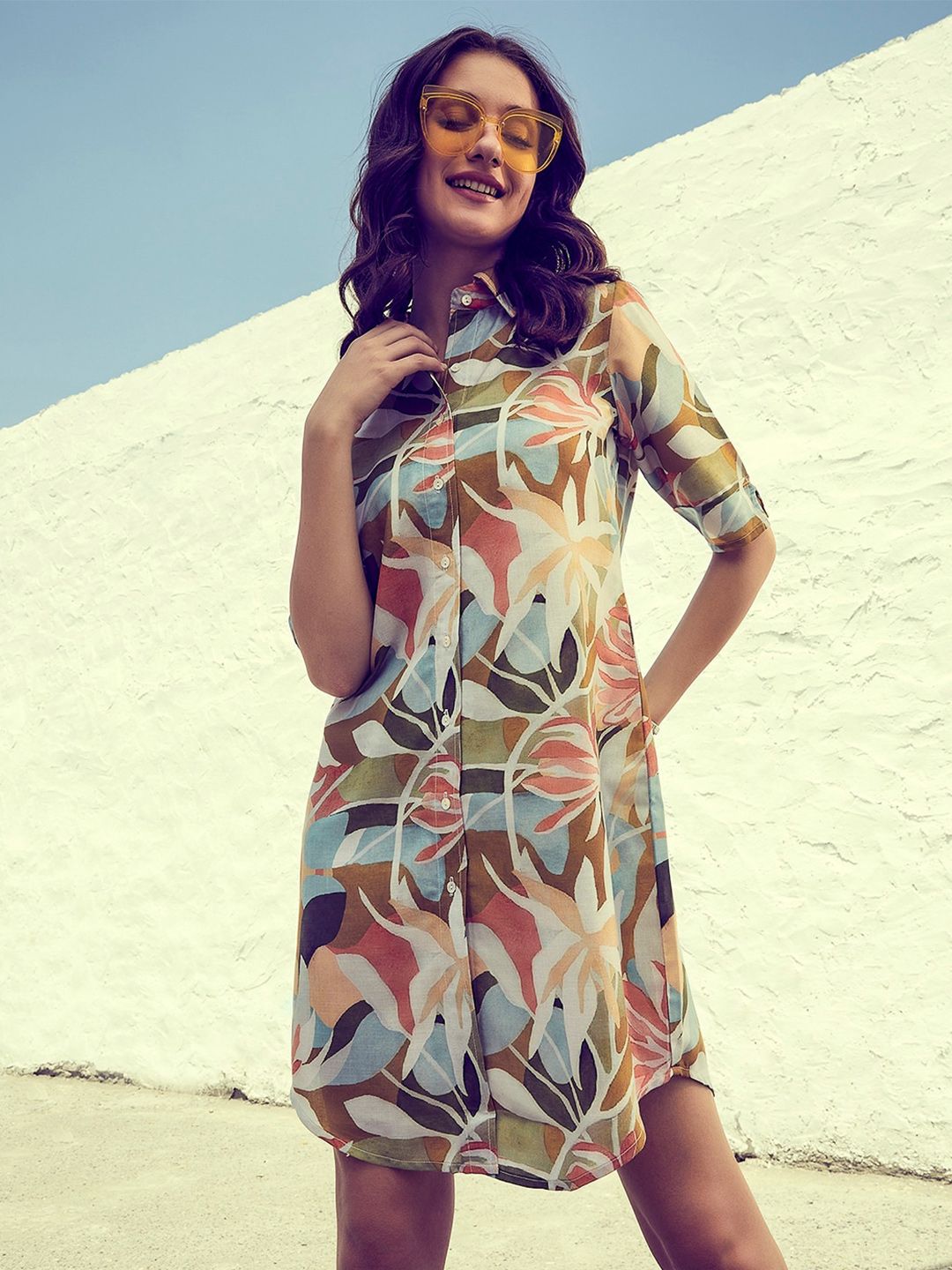 Athena Green & Brown Floral Printed Cotton Linen Dress