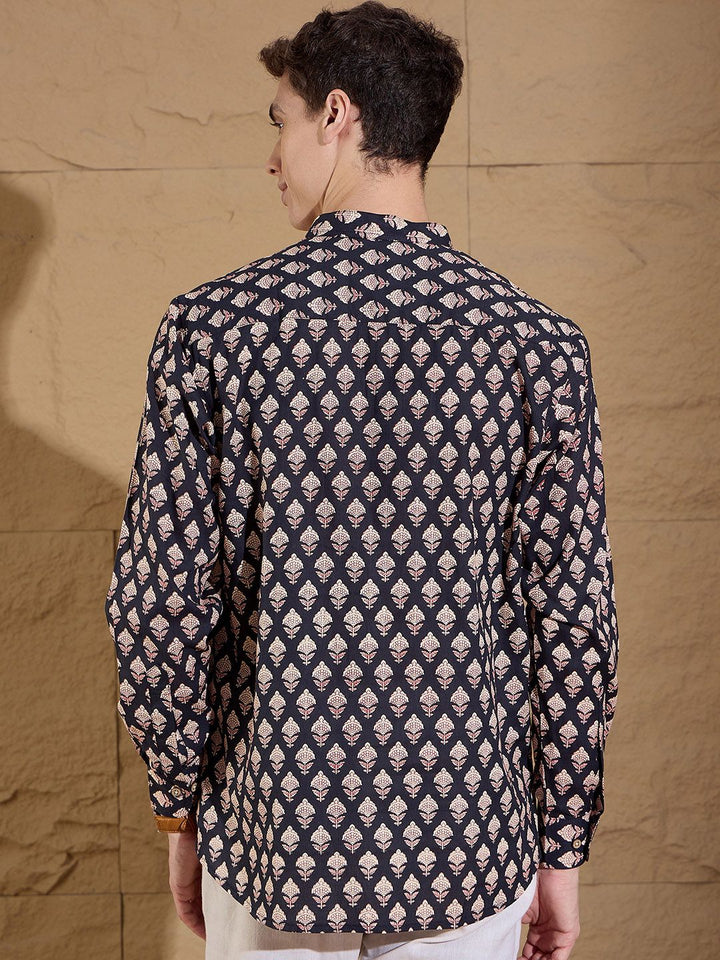 Dennison Floral Printed Band Collar Cotton Pure Straight Kurta