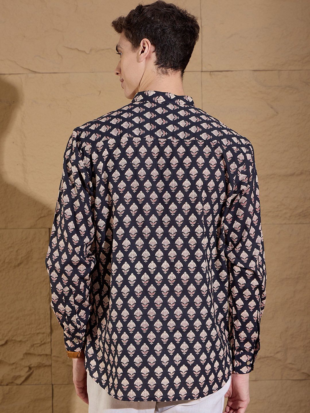 Dennison Floral Printed Band Collar Cotton Pure Straight Kurta