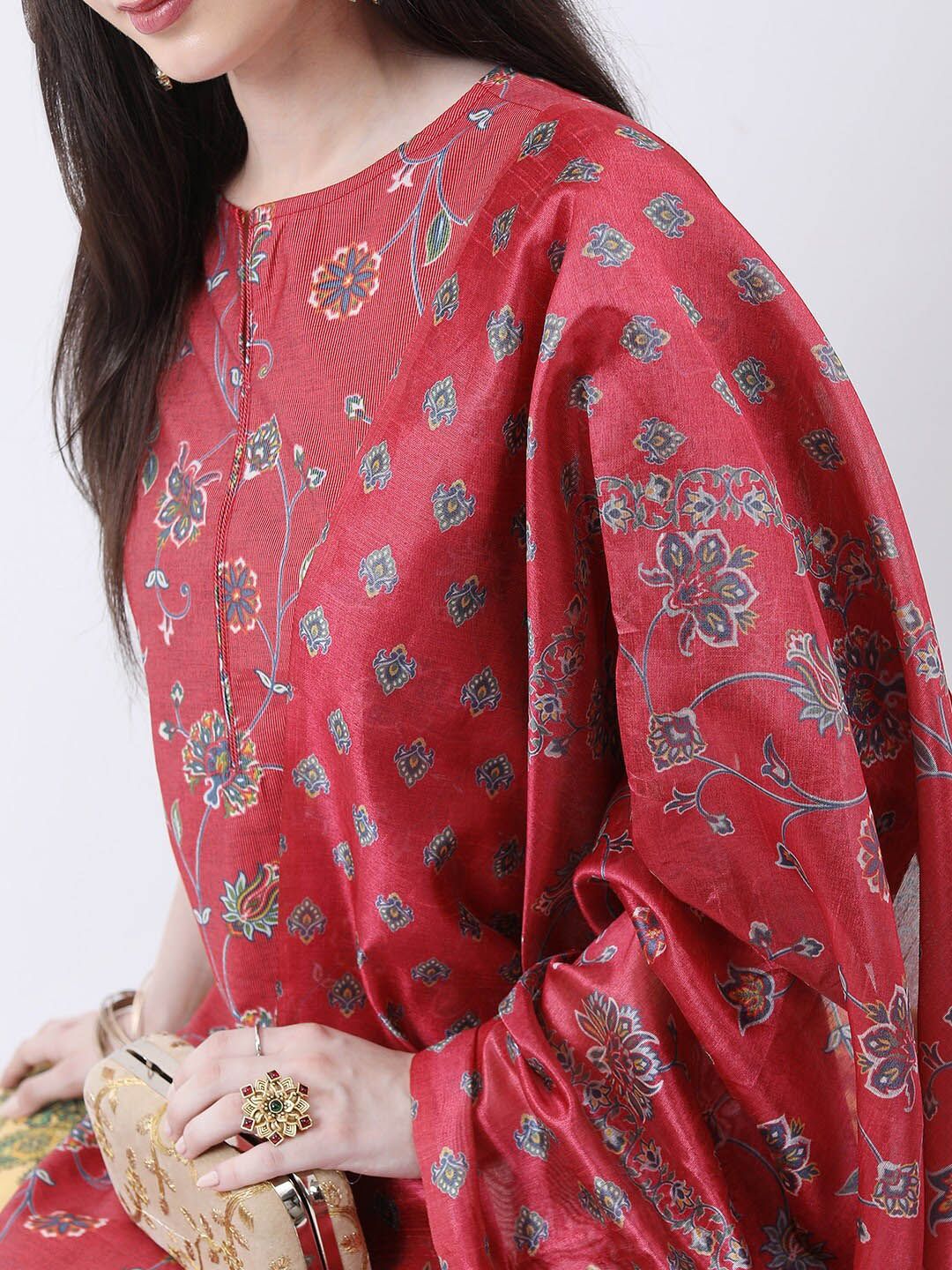 Vishudh Red & Green Floral Printed Kurta With Palazzos & Dupatta
