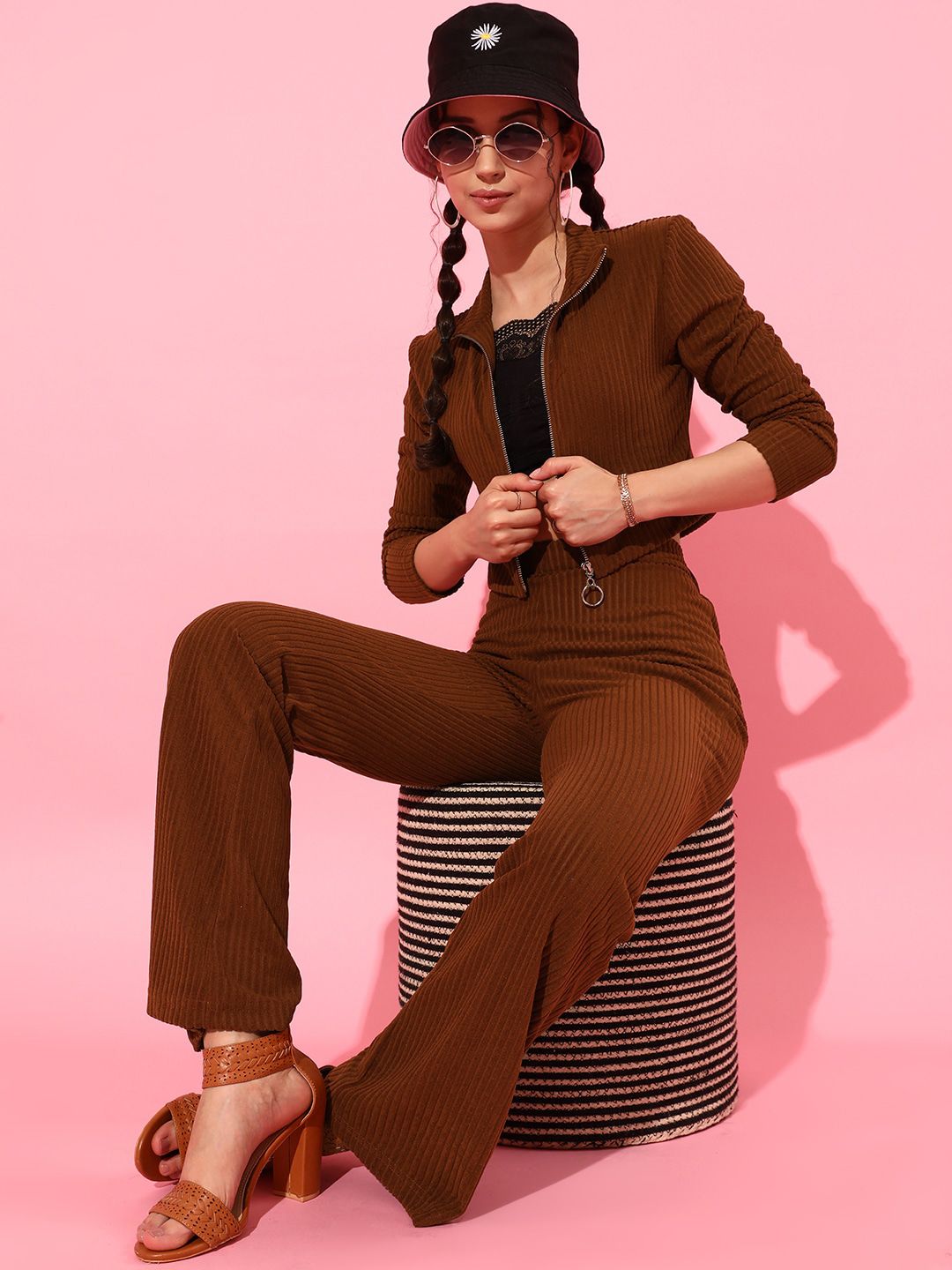 STREET 9 Women Brown Striped Crop Tailored Jacket