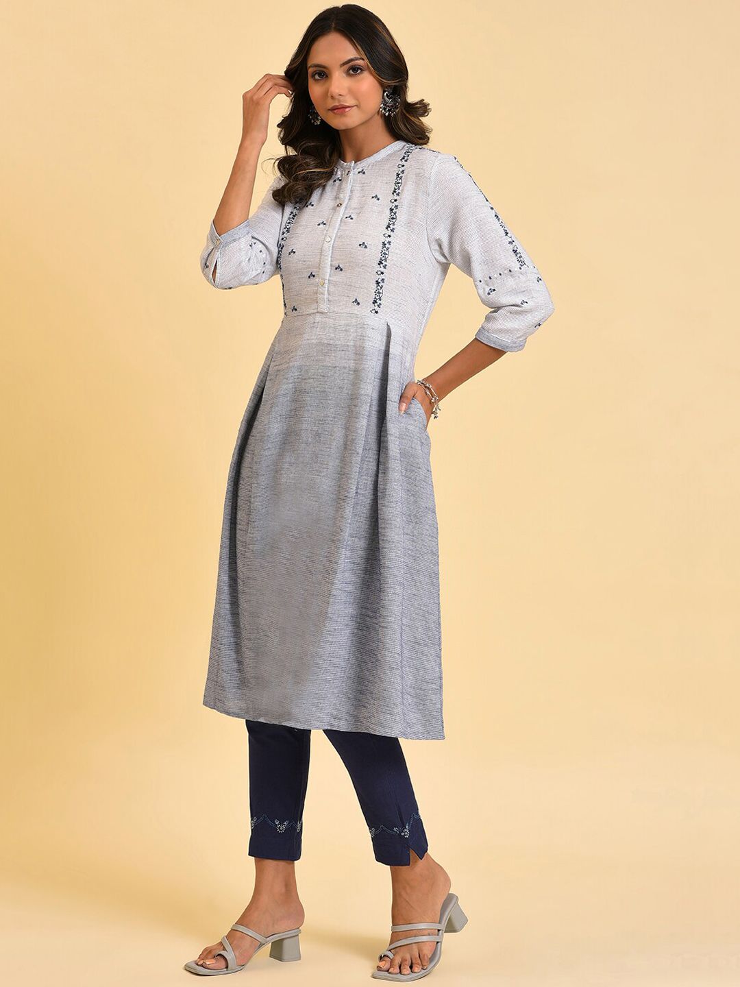 W Grey & Navy Blue Floral Embroidered Pure Cotton A-Line Kurta