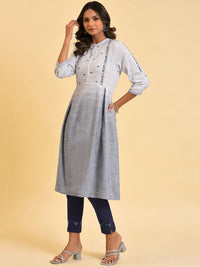 W Grey & Navy Blue Floral Embroidered Pure Cotton A-Line Kurta