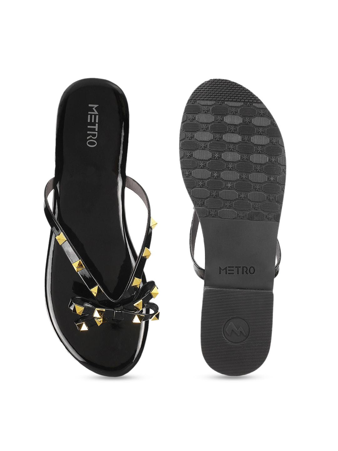 Metro Women Black Embellished T-Strap Flats