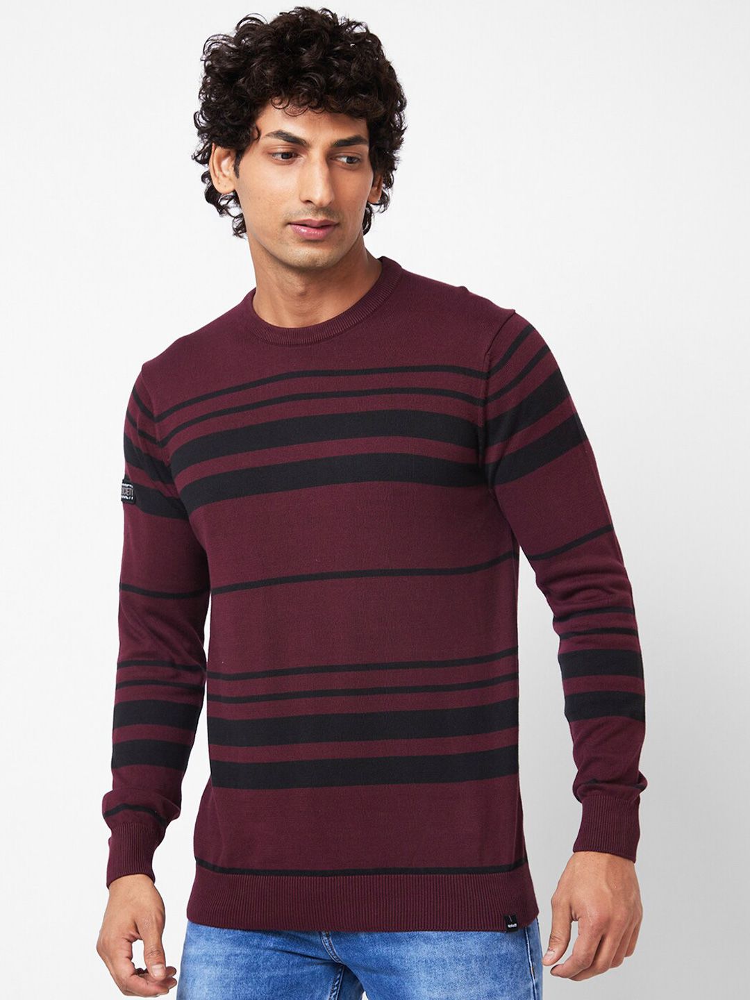 SPYKAR Striped Ribbed Cotton Pullover Sweater