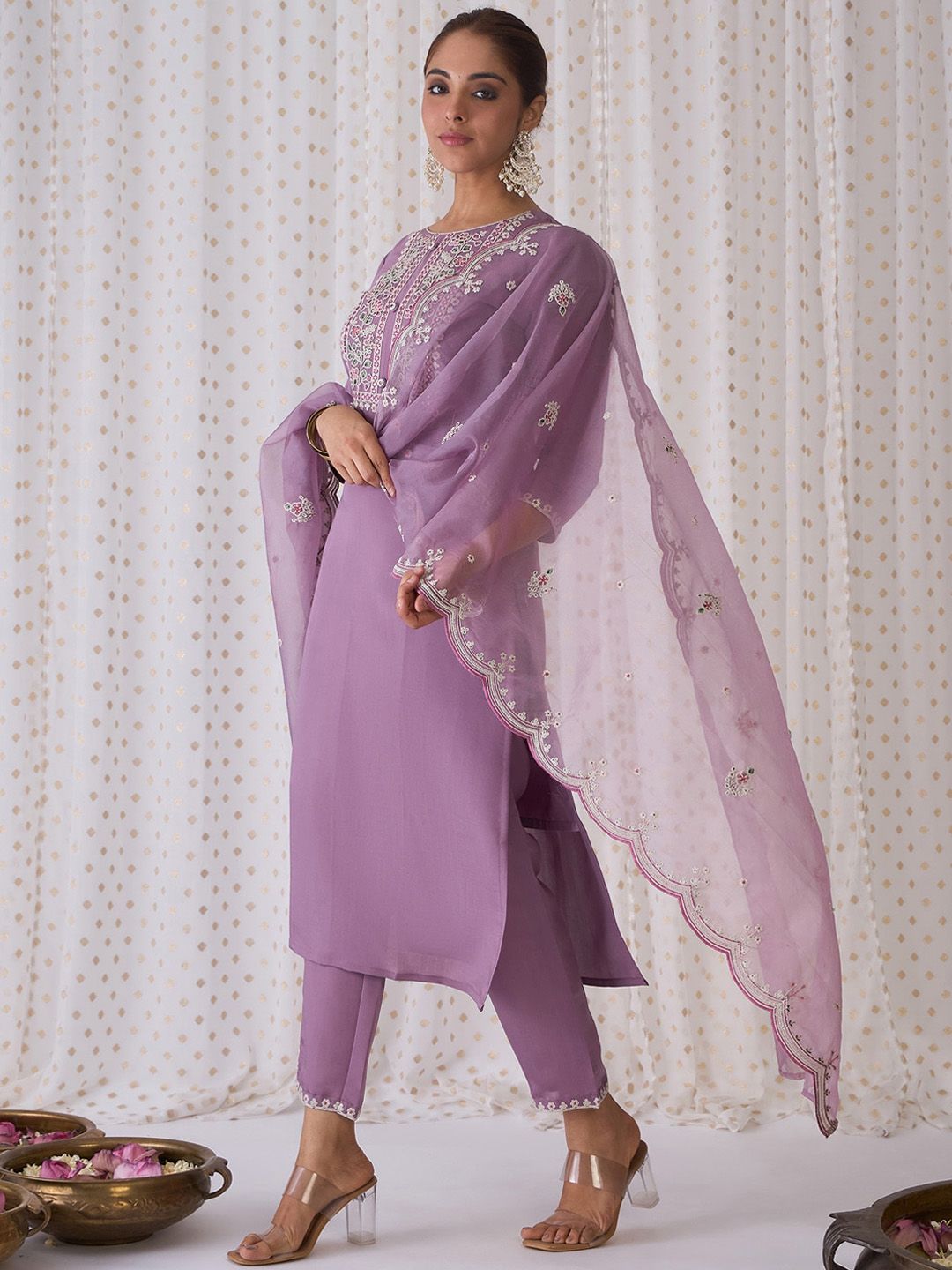 Indo Era Floral Embroidered Round Neck Thread Work Kurta with Trousers & Dupatta