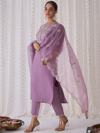 Indo Era Floral Embroidered Round Neck Thread Work Kurta with Trousers & Dupatta
