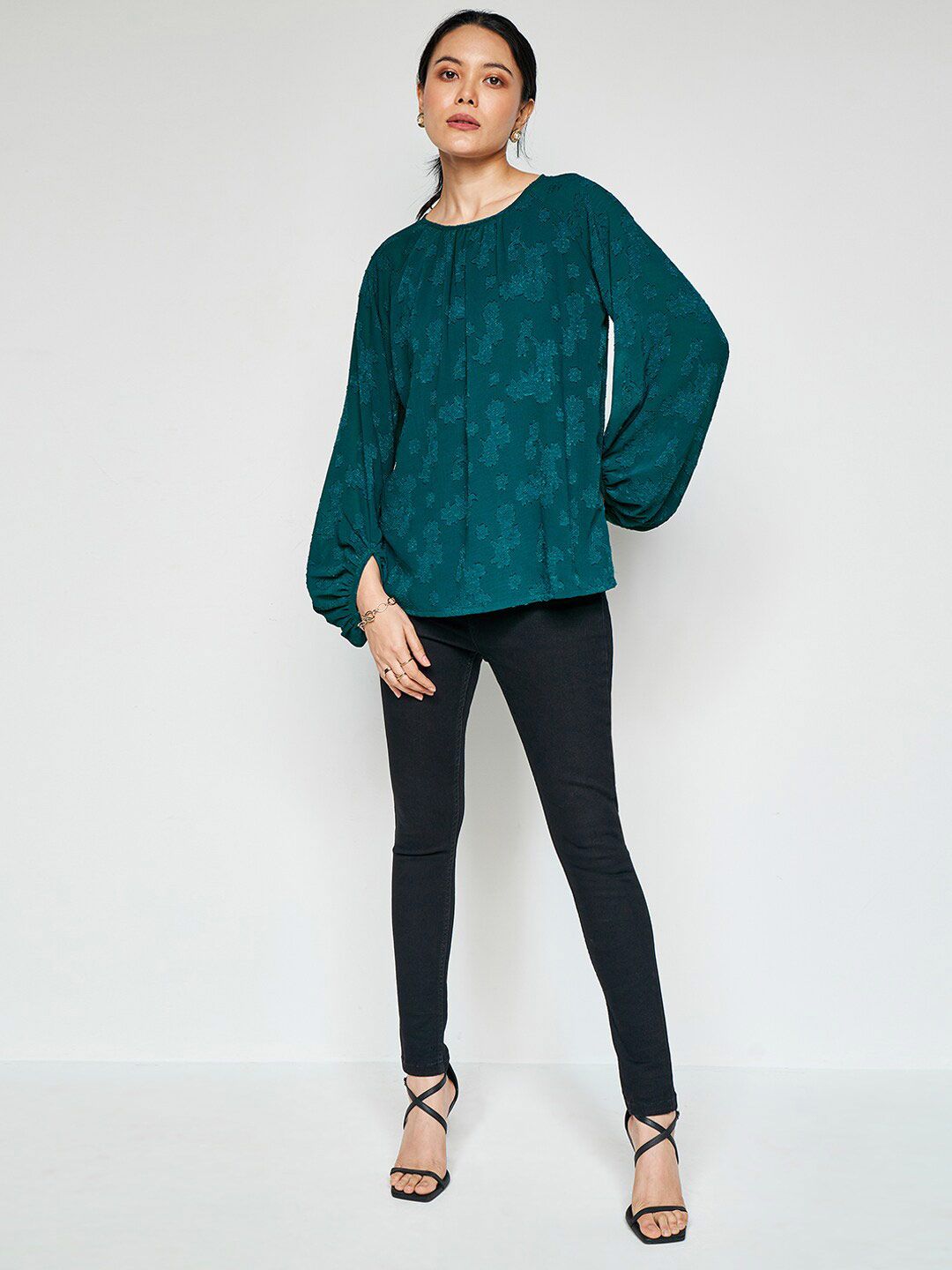 AND Floral Print Round Neck Puff Sleeves Opaque Casual Top
