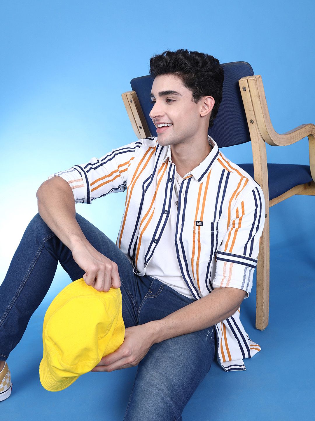 The Indian Garage Co Men White & Mustard Yellow Slim Fit Striped Casual Shirt
